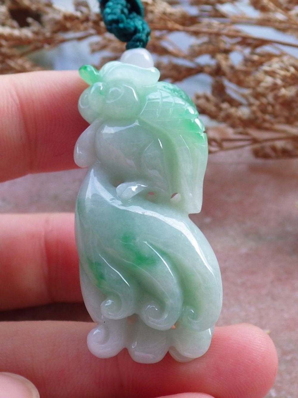 Certified Natural Myanmar Burma A Jade jadeite Owl Ginseng Ruyi Pendant Necklace